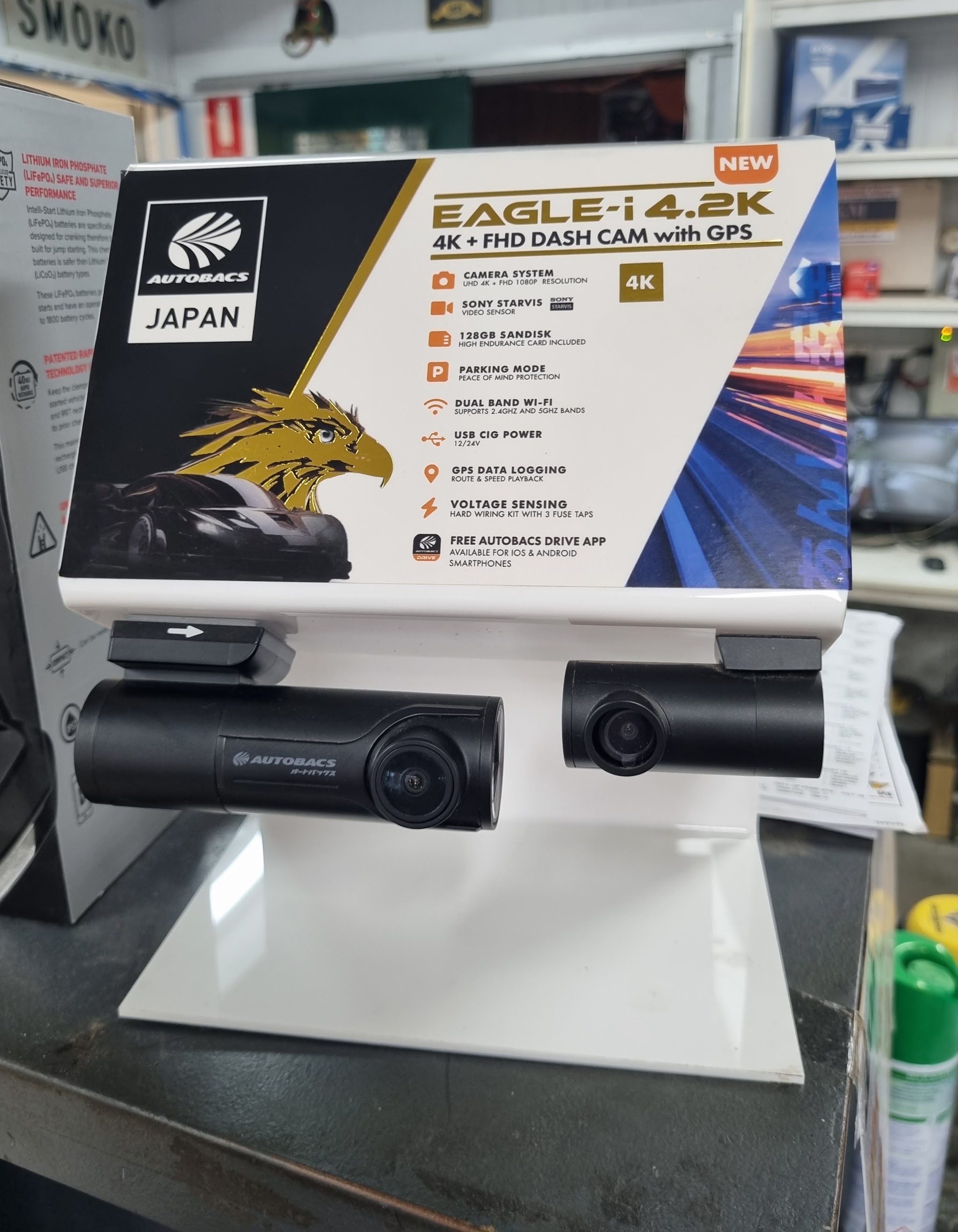 An Autobacs Eagle-i 4K dash cam and an Intelli-Start lithium jump starter on the counter