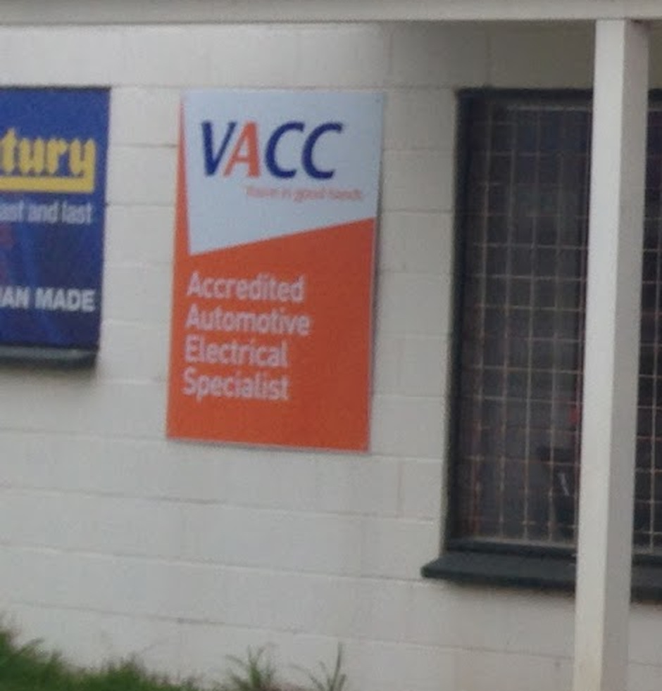 The VACC Accredited Automotive Electrical Specialist sign on the shopfront wall, beside the Century Batteries sign